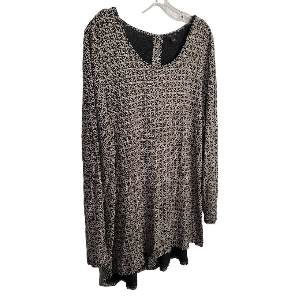 J Jill Wearever Sz XL Tunic Jersey Knit Back Button Floral Geo Hi Lo Hem Stretch
